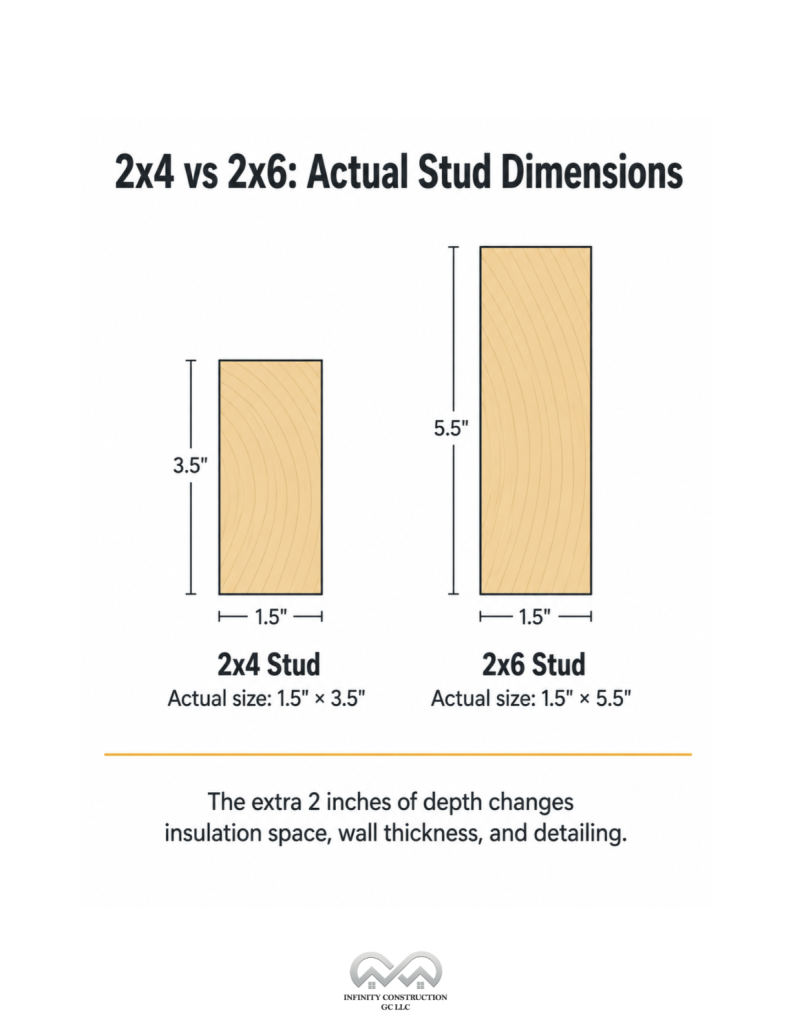 2x4 vs 2x6 - Actual Stud Dimensions - Infographic