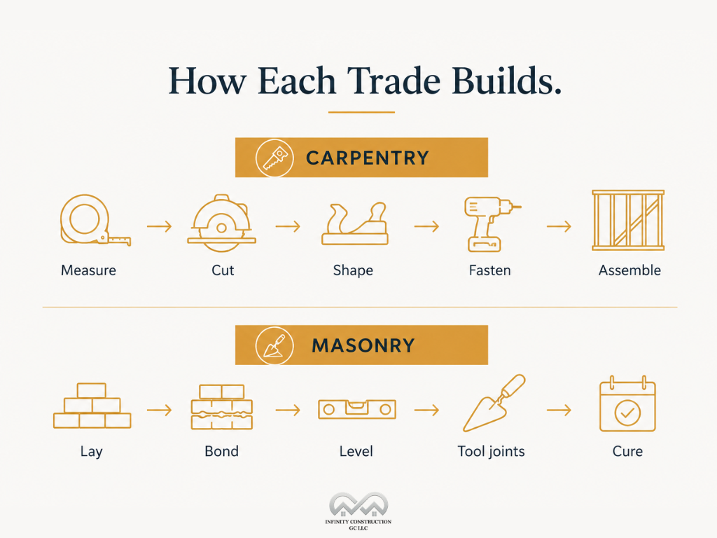 Difference Between Masonry and Carpentry - Construction methods - Infographic