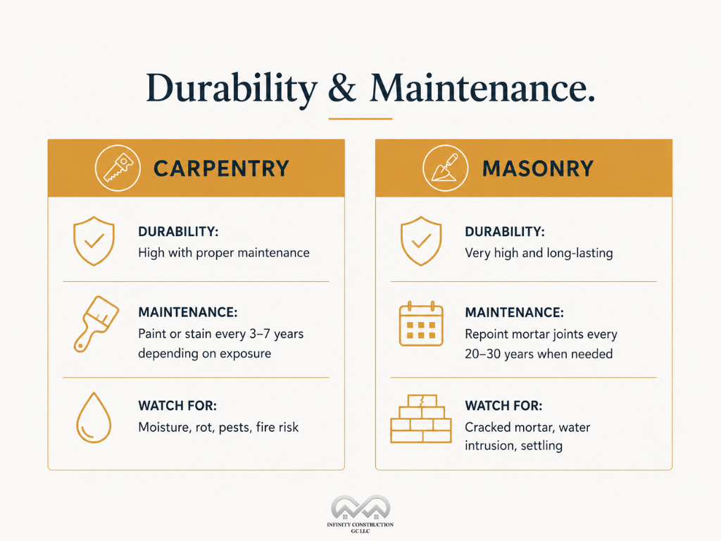 Difference Between Masonry and Carpentry - Durability, Longevity and Maintenance  - Infographic