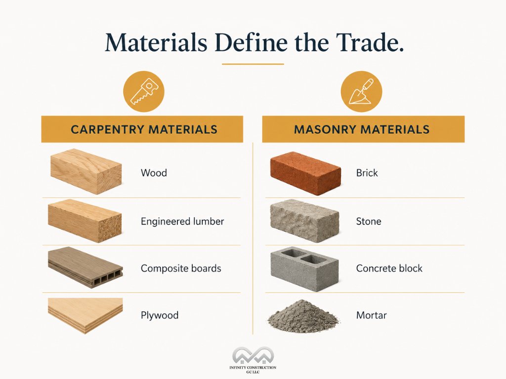 Difference Between Masonry and Carpentry - Materials Used - Infographic